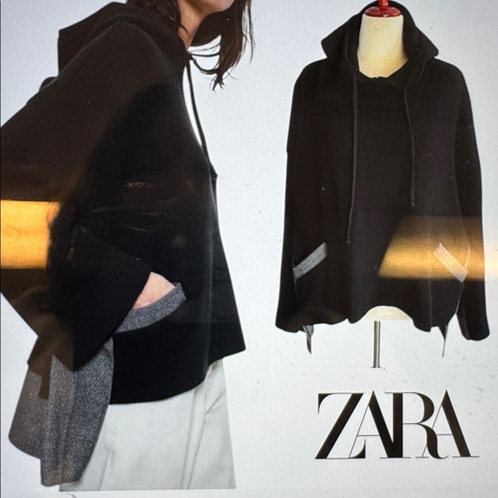 Zara Women's Chunky Knit Black Hooded Sweater Plaid Trim Oversized Size M